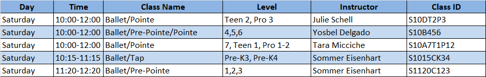 Saturday Class Schedule